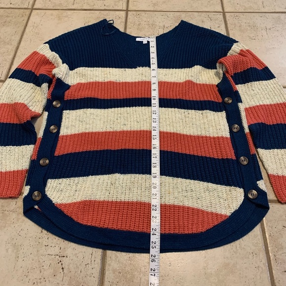 mySTYLE XL Striped V-Neck Sweater Navy Coral Cream Side Buttons Tunic Knit - Picture 3 of 5